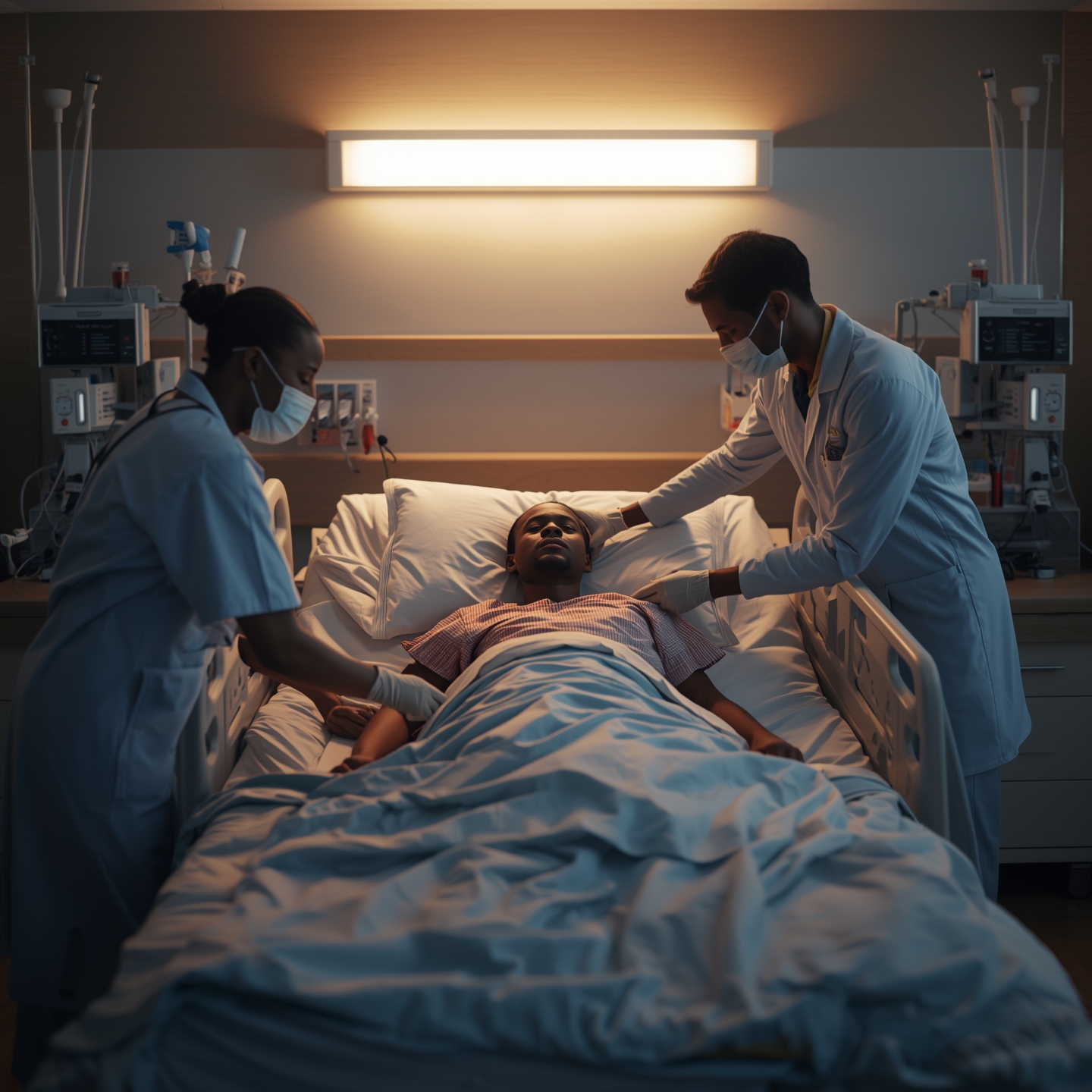 Nurse attending to a patient in a hospital bed